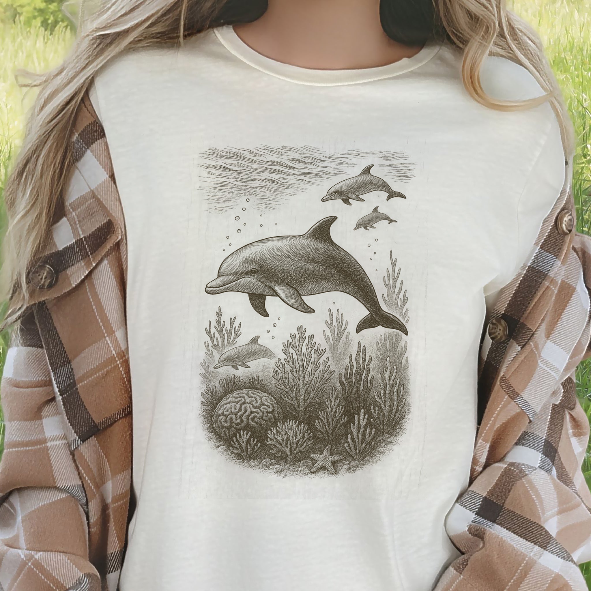 Dolphins and Coral Reef Sketch T-Shirt – Ocean Spirit Animal Tee