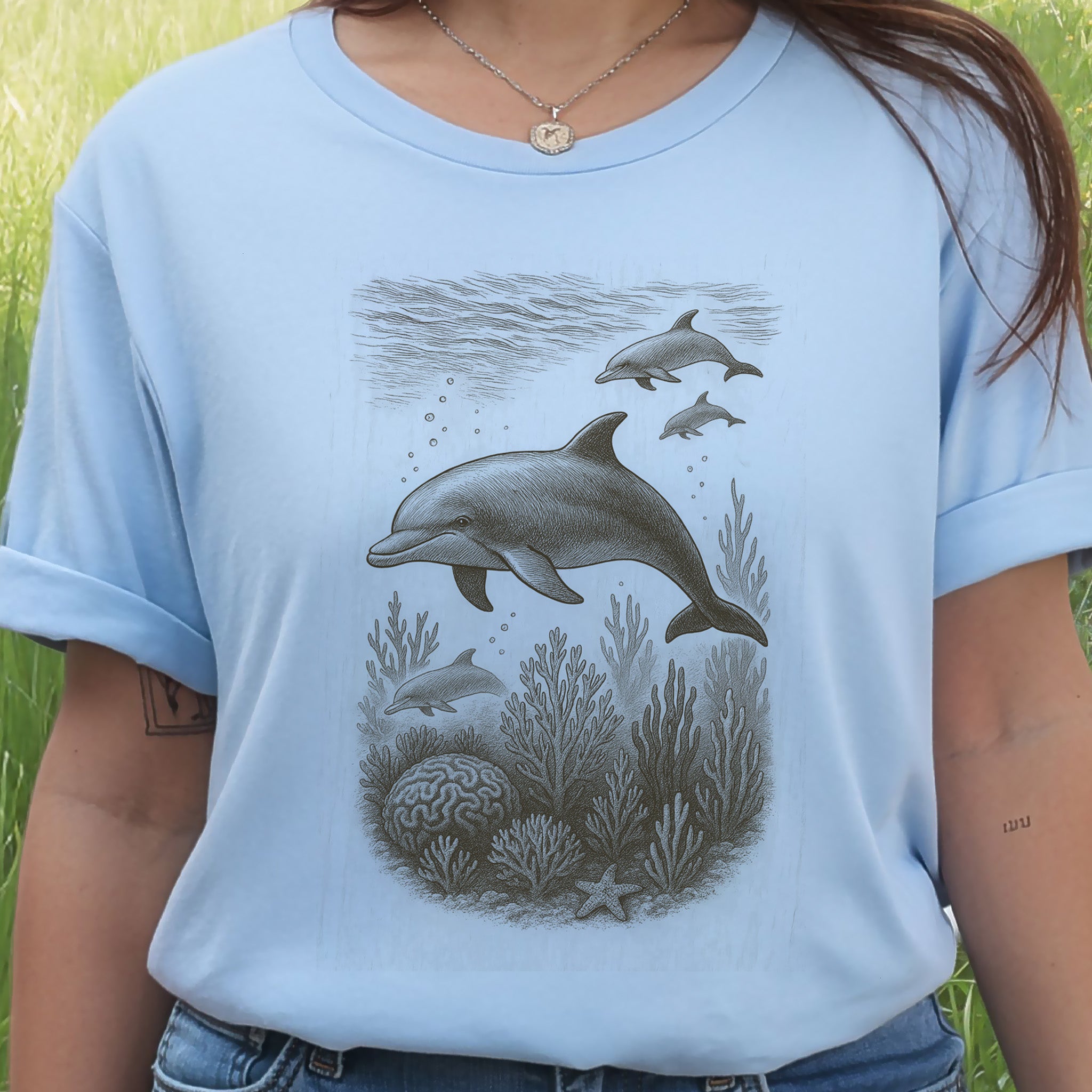 Dolphins and Coral Reef Sketch T-Shirt – Ocean Spirit Animal Tee