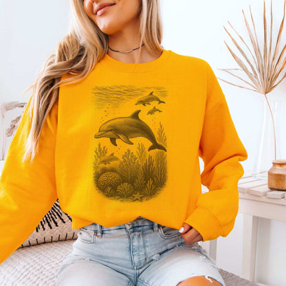 Dolphins and Coral Reef Sketch on Ocean Spirit Animal Sweatshirt in vibrant yellow.