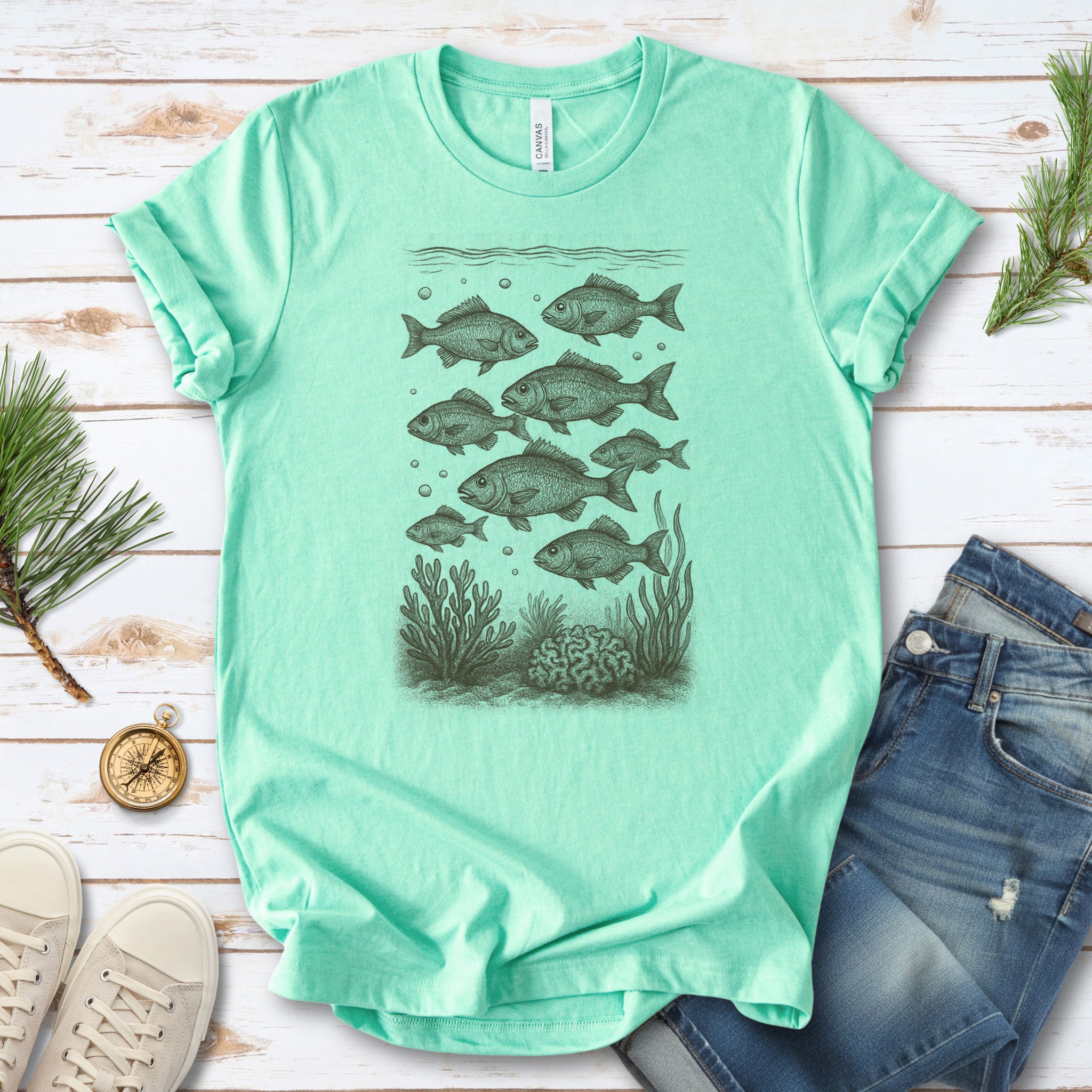 Vintage Fish & Coral Reef T-Shirt – Ocean Life Sketch for Sea Lovers