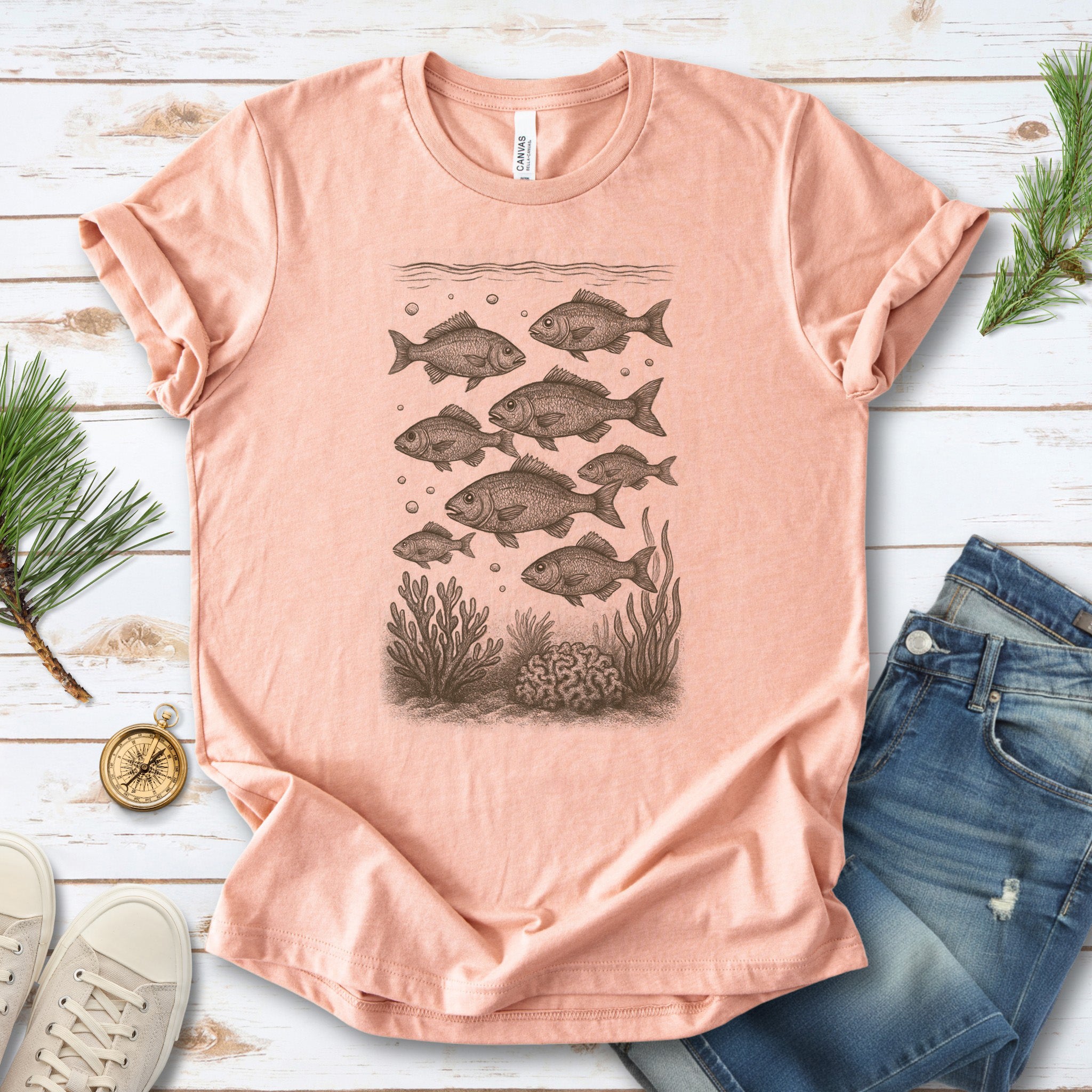 Vintage Fish & Coral Reef T-Shirt – Ocean Life Sketch for Sea Lovers