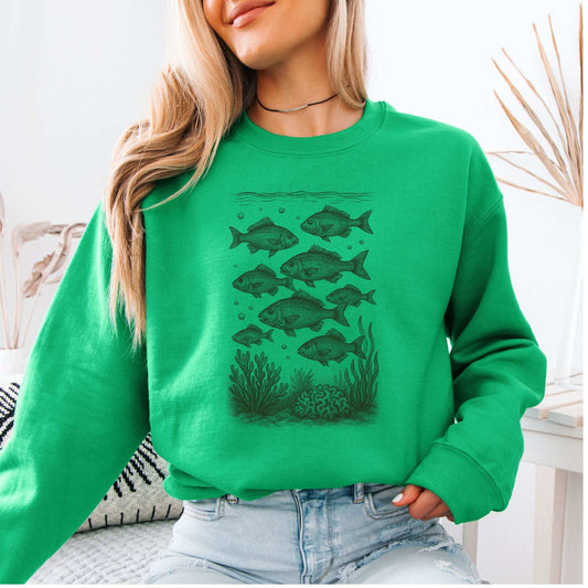 Fish sweatshirt 'Respect the Locals' featuring a school of fish design, perfect for ocean lovers and retro style.