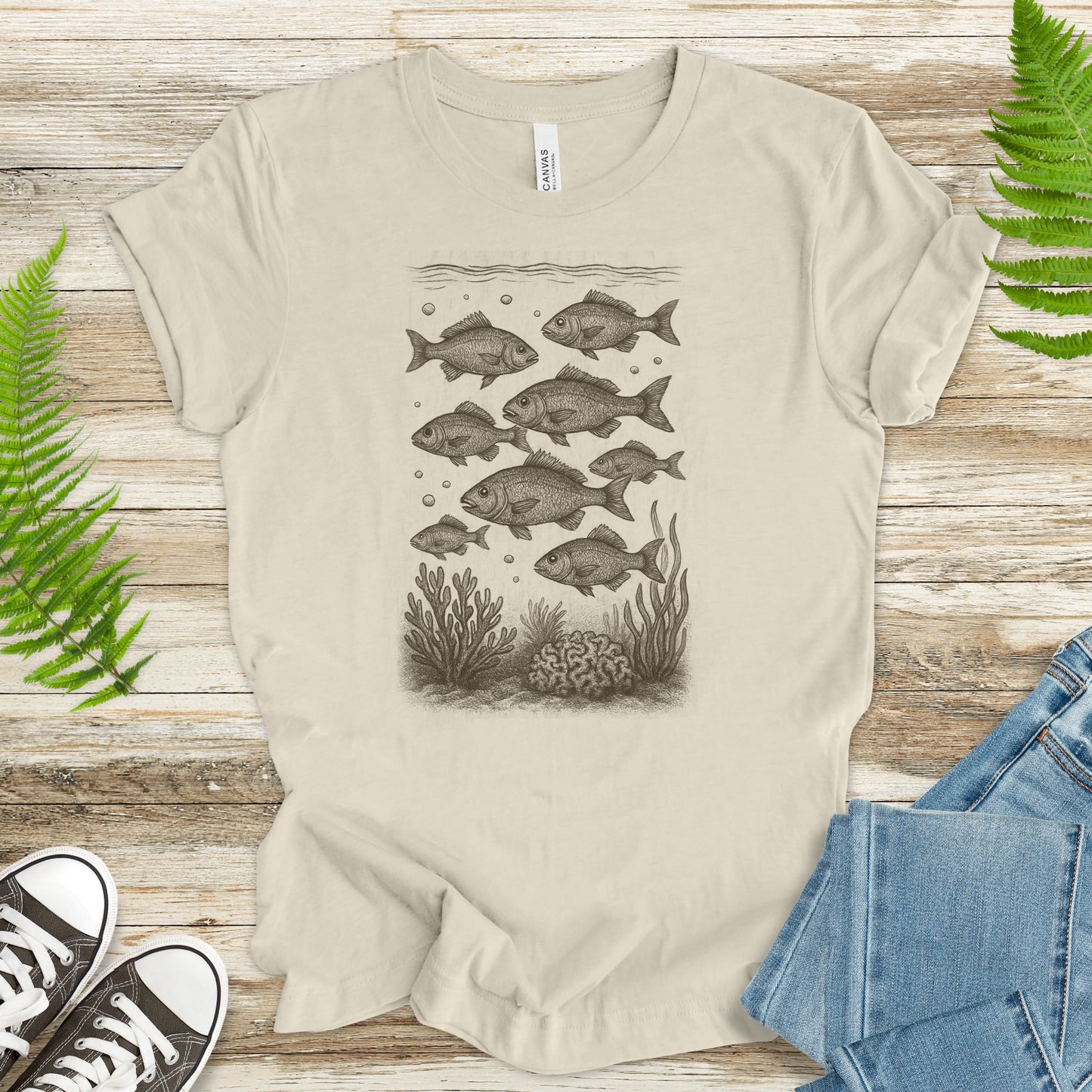Vintage Fish & Coral Reef T-Shirt – Ocean Life Sketch for Sea Lovers