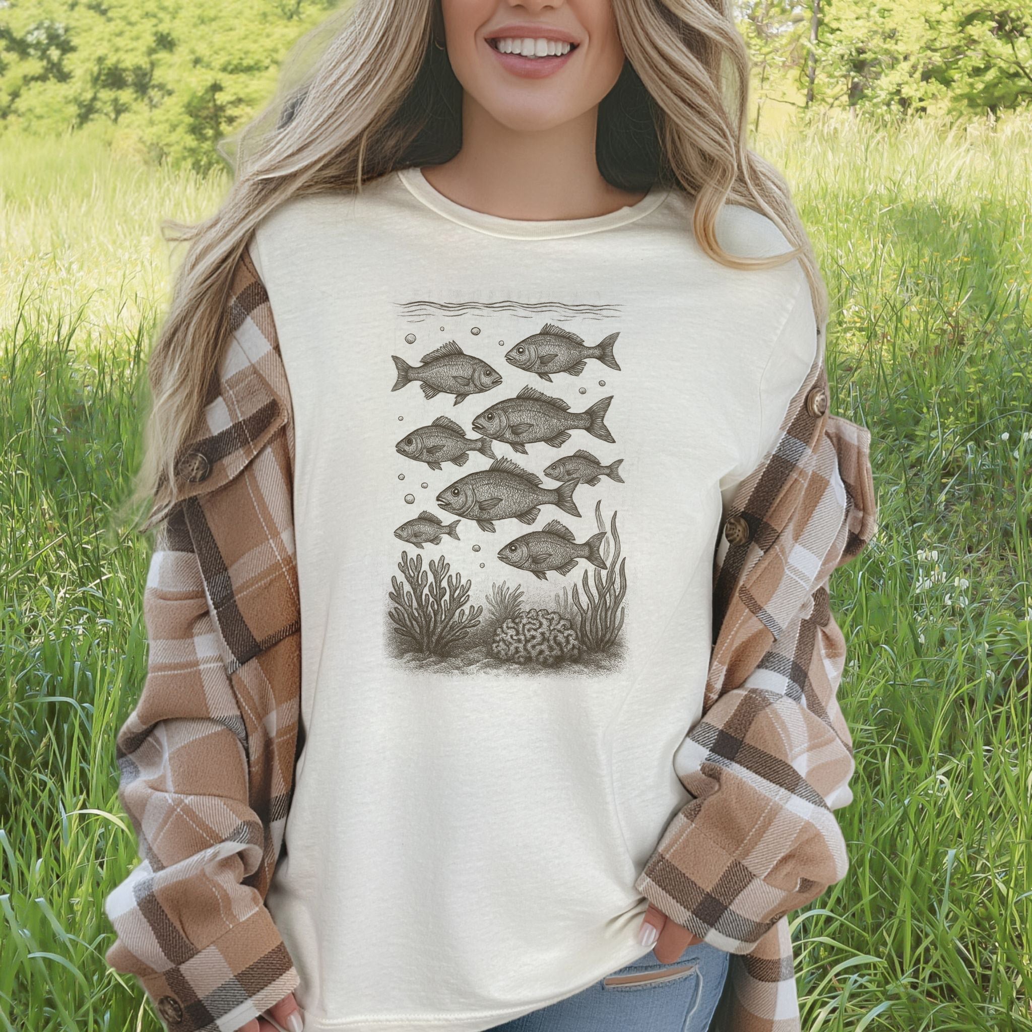 Vintage Fish & Coral Reef T-Shirt – Ocean Life Sketch for Sea Lovers