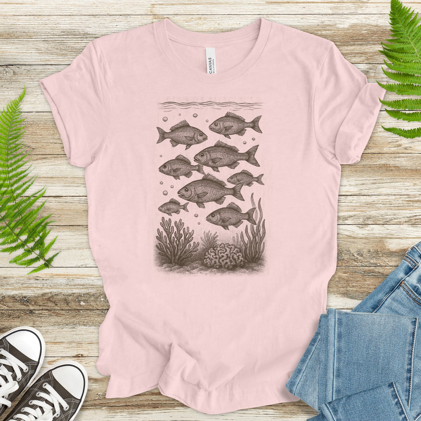 Vintage Fish & Coral Reef T-Shirt – Ocean Life Sketch for Sea Lovers