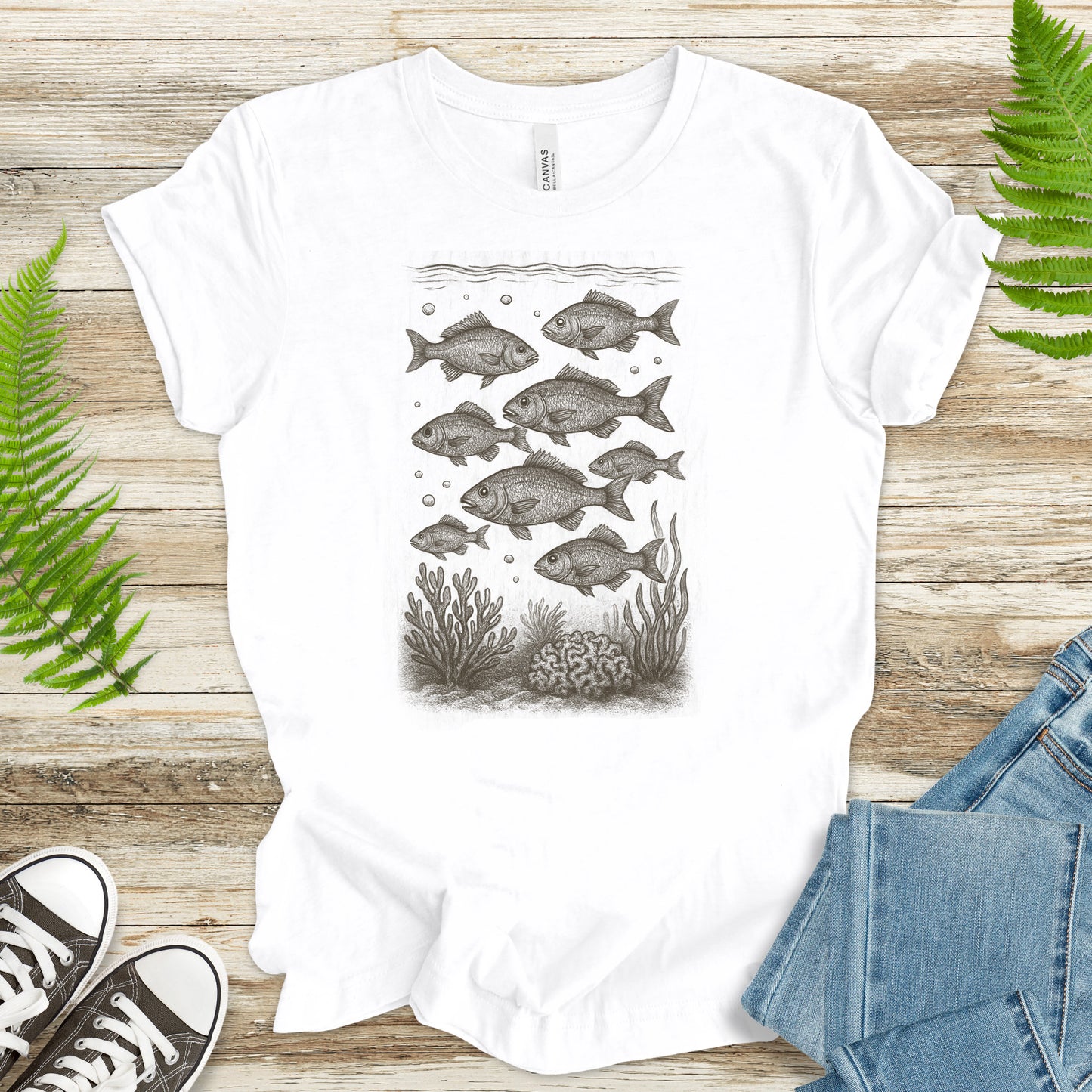 Vintage Fish & Coral Reef T-Shirt – Ocean Life Sketch for Sea Lovers