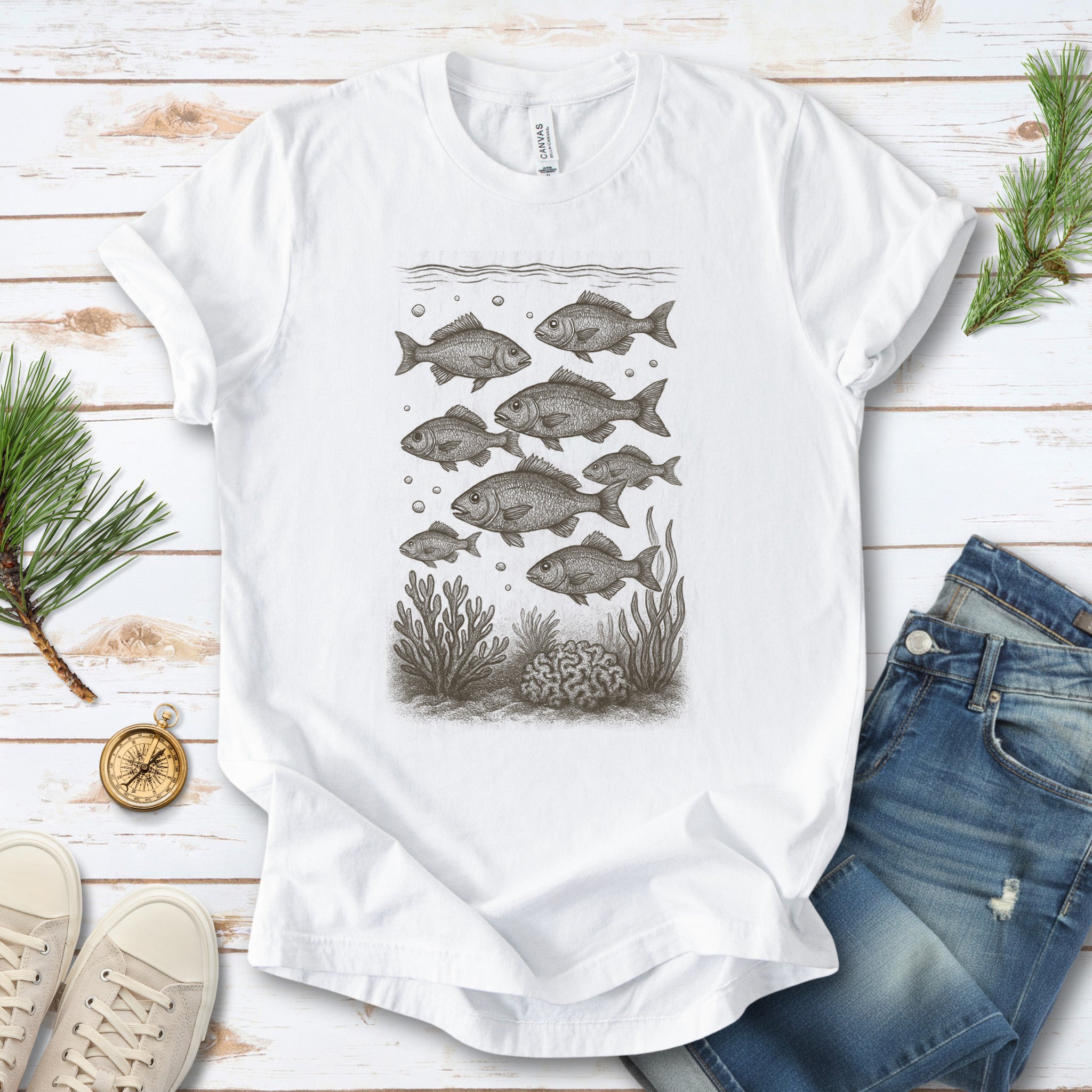 Vintage Fish & Coral Reef T-Shirt – Ocean Life Sketch for Sea Lovers