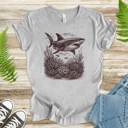 Shark and Coral Reef Sketch T-Shirt – Bold Ocean Wildlife Tee