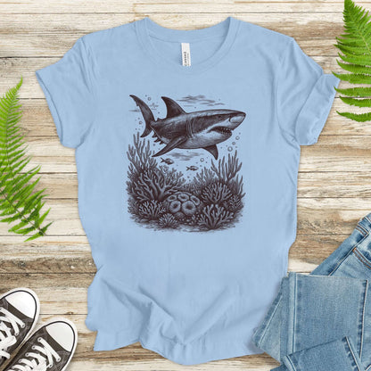 Shark and Coral Reef Sketch T-Shirt – Bold Ocean Wildlife Tee
