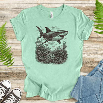 Shark and Coral Reef Sketch T-Shirt – Bold Ocean Wildlife Tee