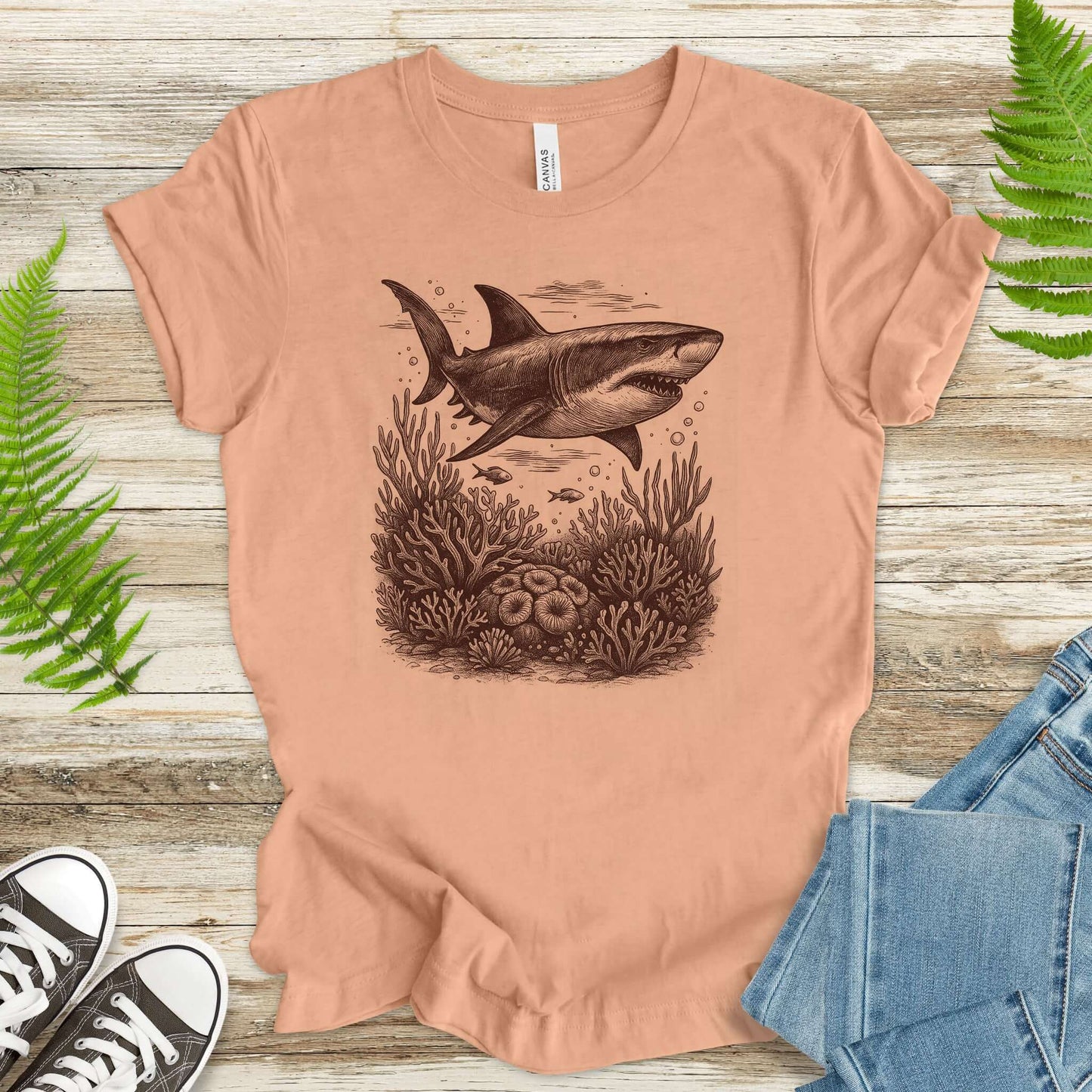 Shark and Coral Reef Sketch T-Shirt – Bold Ocean Wildlife Tee