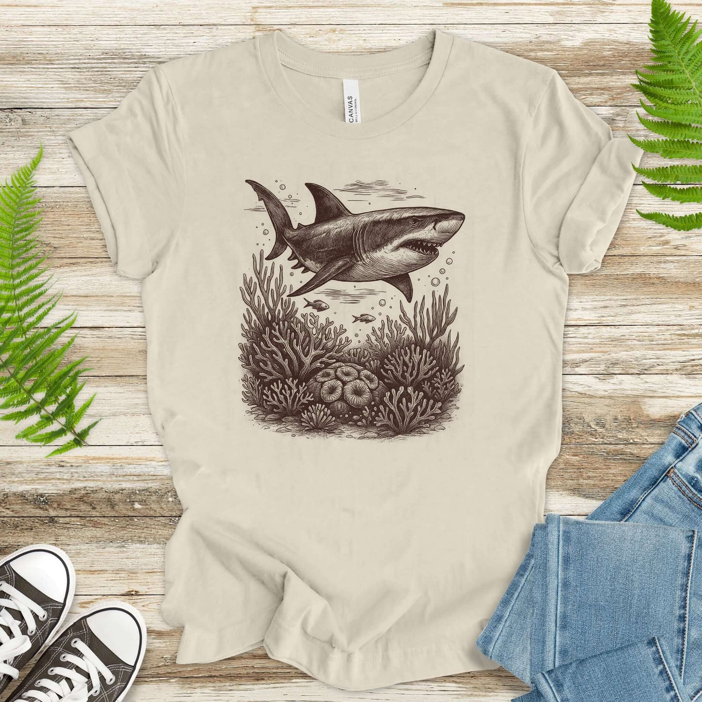 Shark and Coral Reef Sketch T-Shirt – Bold Ocean Wildlife Tee