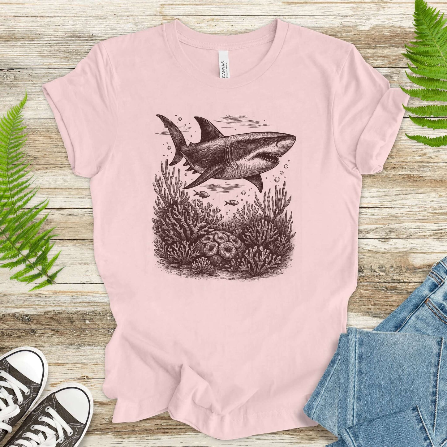 Shark and Coral Reef Sketch T-Shirt – Bold Ocean Wildlife Tee