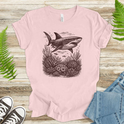 Shark and Coral Reef Sketch T-Shirt – Bold Ocean Wildlife Tee