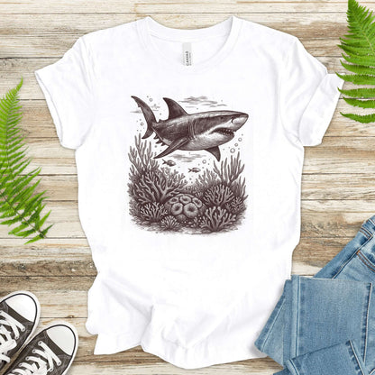 Shark and Coral Reef Sketch T-Shirt – Bold Ocean Wildlife Tee