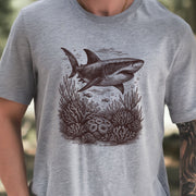 Shark and Coral Reef Sketch T-Shirt – Bold Ocean Wildlife Tee