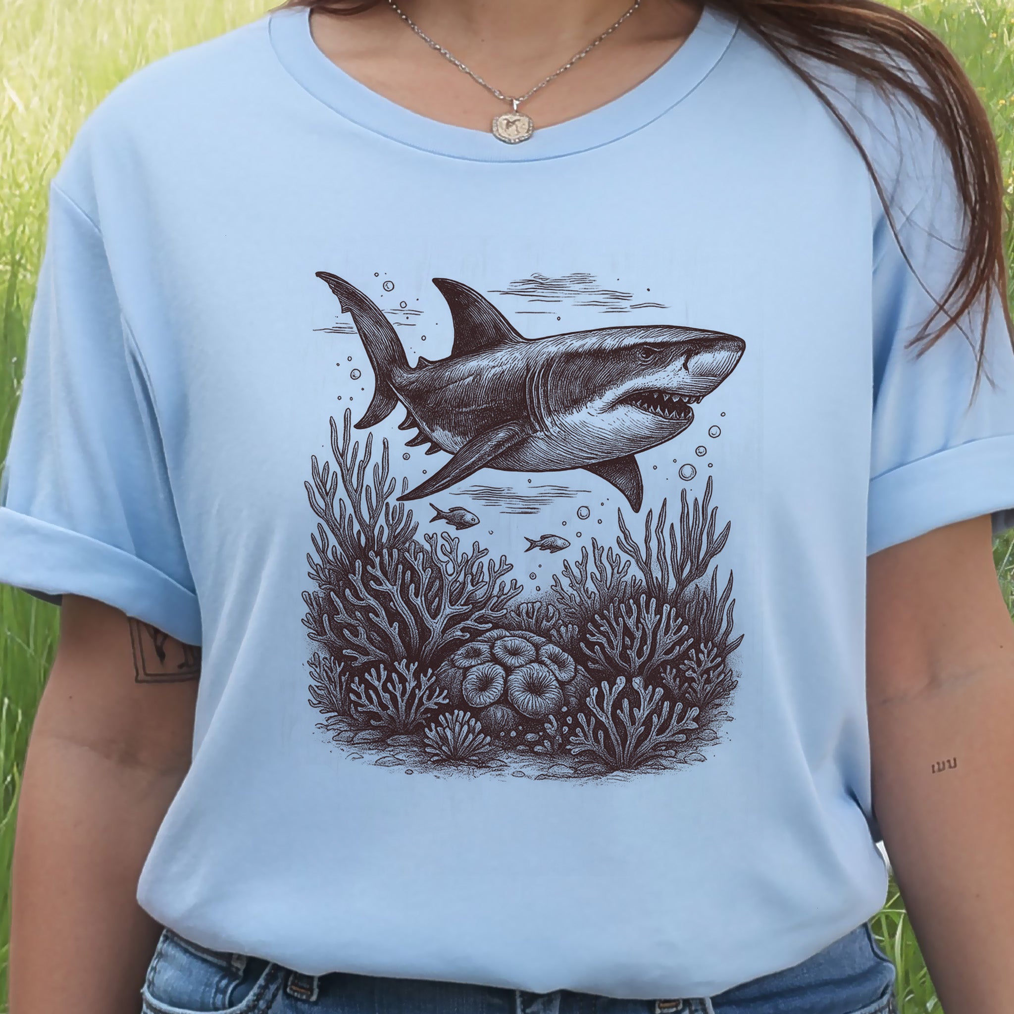 Shark and Coral Reef Sketch T-Shirt – Bold Ocean Wildlife Tee