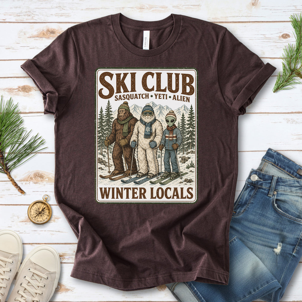 Ski Club Winter Locals T-Shirt – Sasquatch Yeti Alien Ski Tee