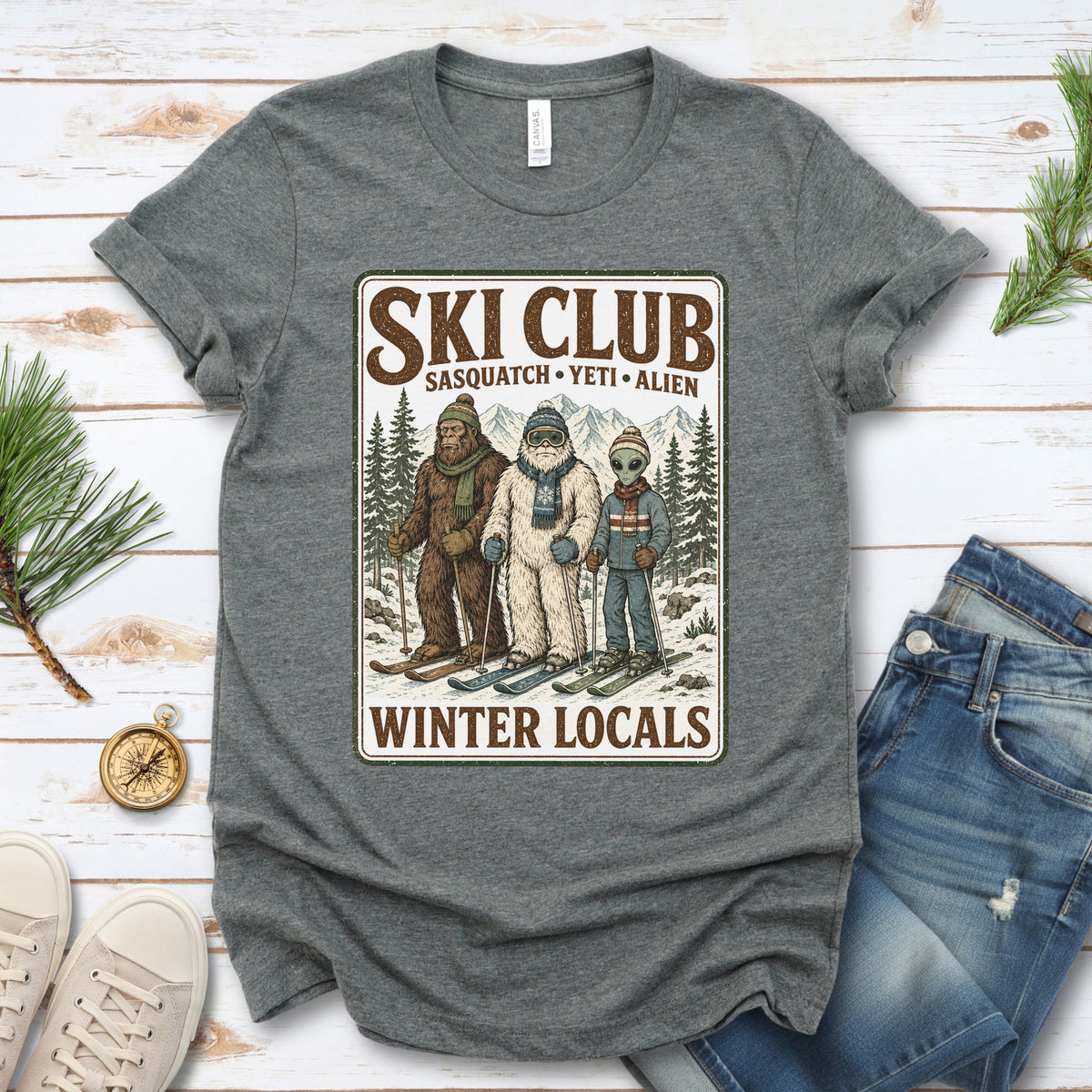 Ski Club Winter Locals T-Shirt – Sasquatch Yeti Alien Ski Tee