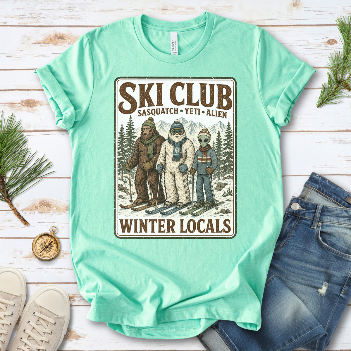 Ski Club Winter Locals T-Shirt – Sasquatch Yeti Alien Ski Tee