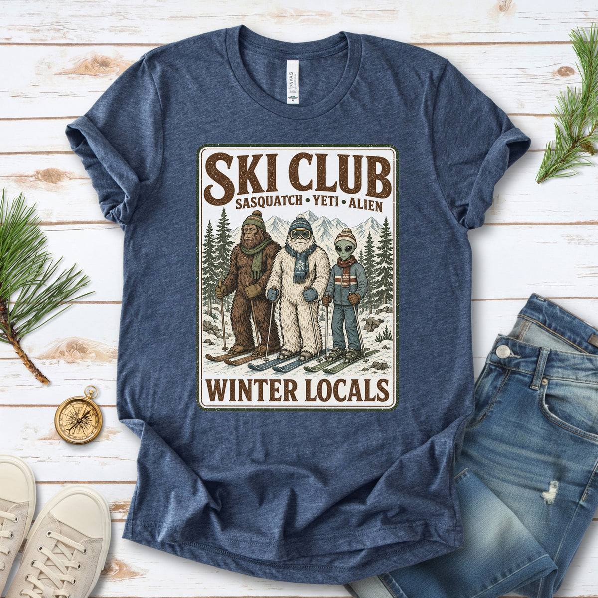 Ski Club Winter Locals T-Shirt – Sasquatch Yeti Alien Ski Tee