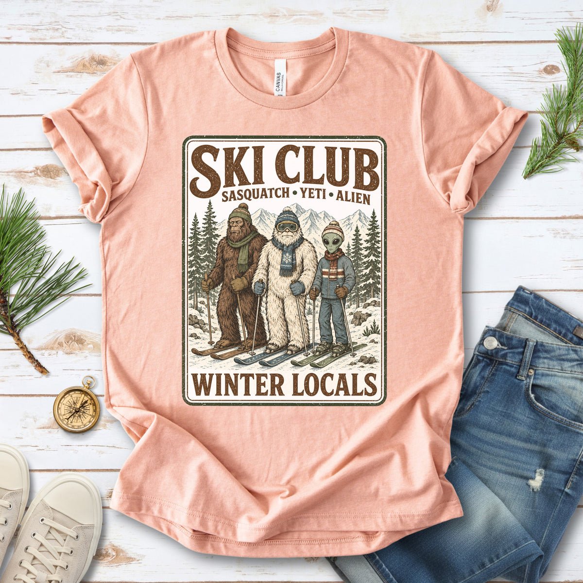 Ski Club Winter Locals T-Shirt – Sasquatch Yeti Alien Ski Tee