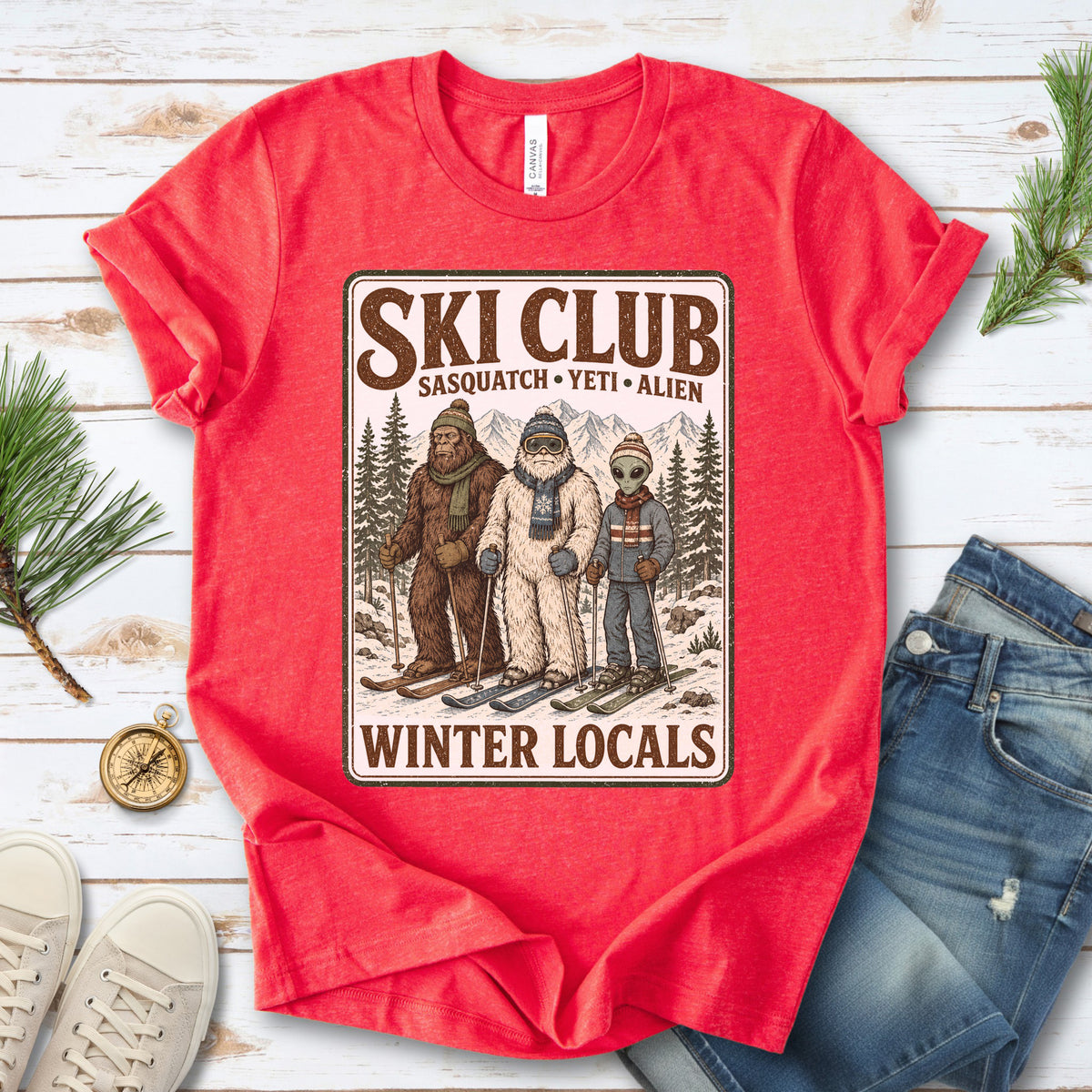 Ski Club Winter Locals T-Shirt – Sasquatch Yeti Alien Ski Tee