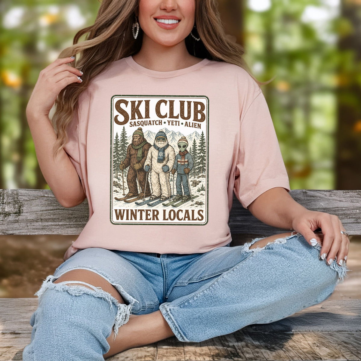 Ski Club Winter Locals T-Shirt – Sasquatch Yeti Alien Ski Tee