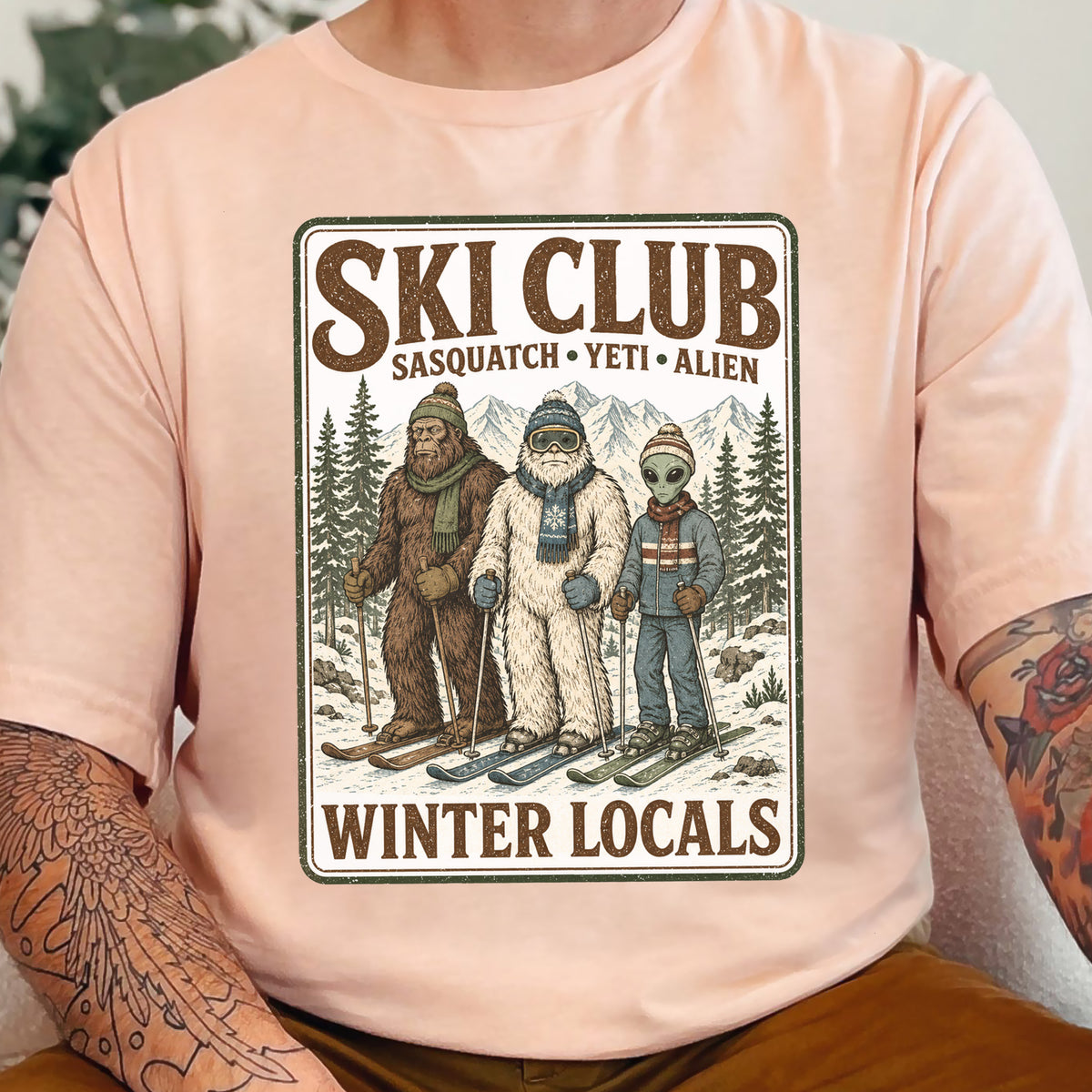 Ski Club Winter Locals T-Shirt – Sasquatch Yeti Alien Ski Tee