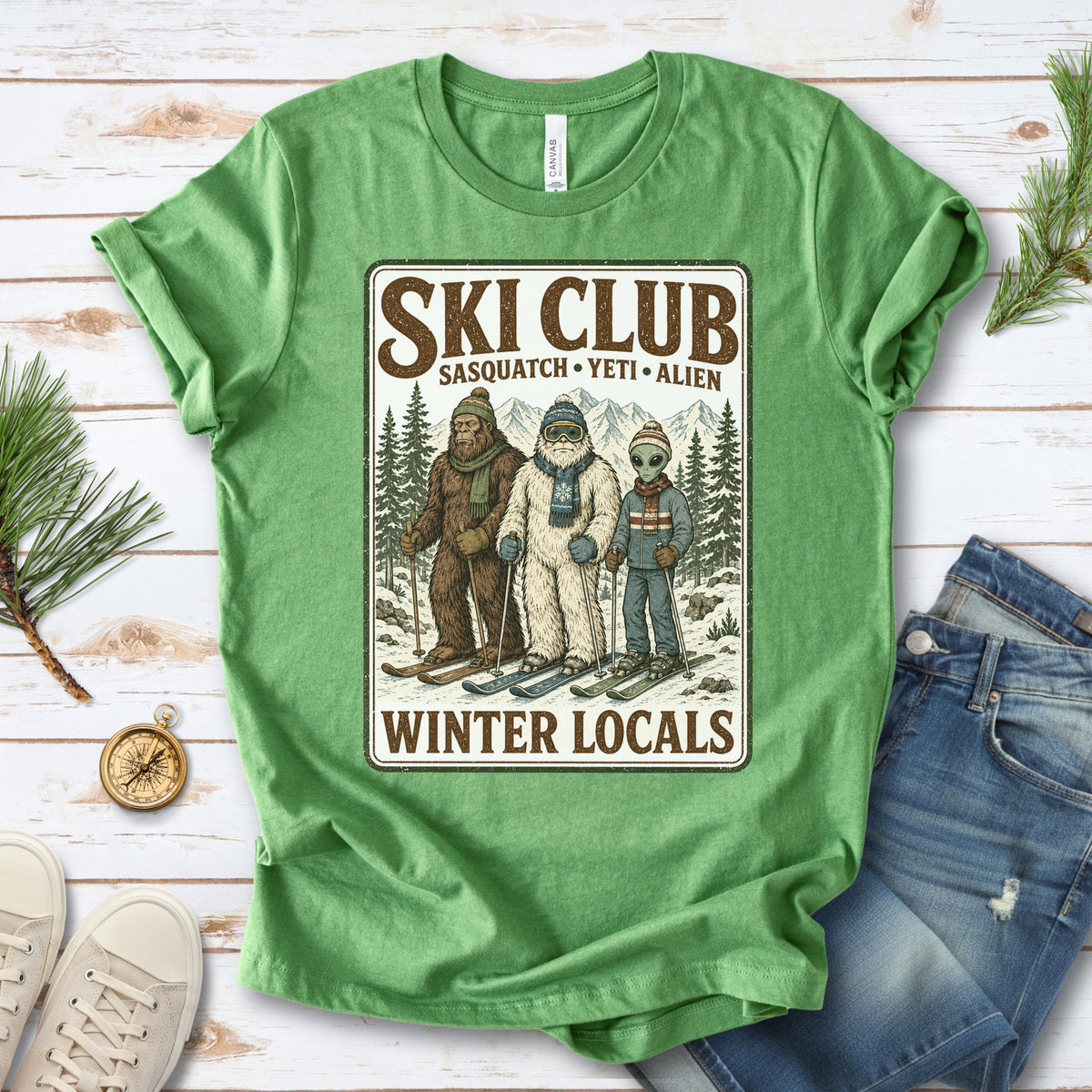 Ski Club Winter Locals T-Shirt – Sasquatch Yeti Alien Ski Tee