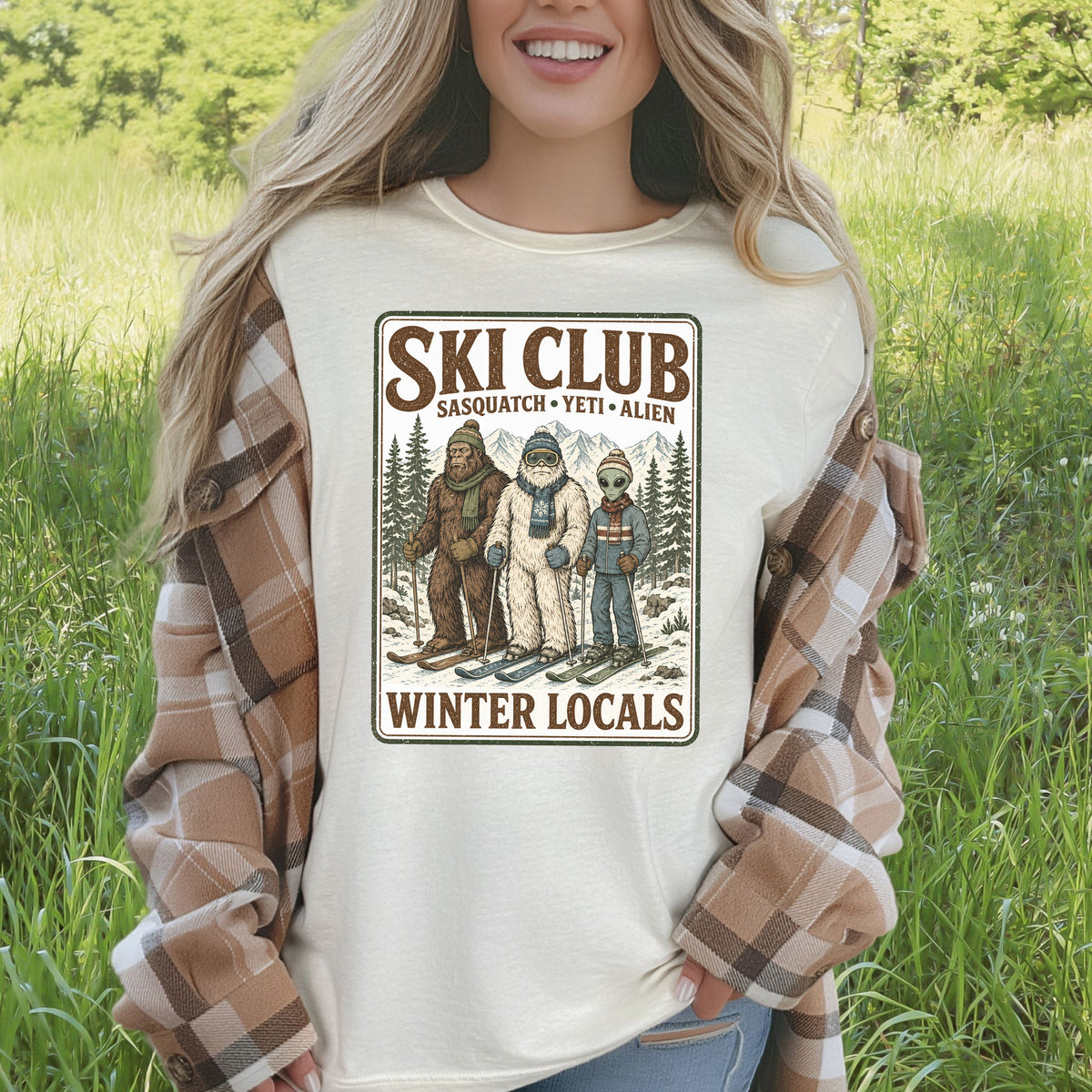 Ski Club Winter Locals T-Shirt – Sasquatch Yeti Alien Ski Tee