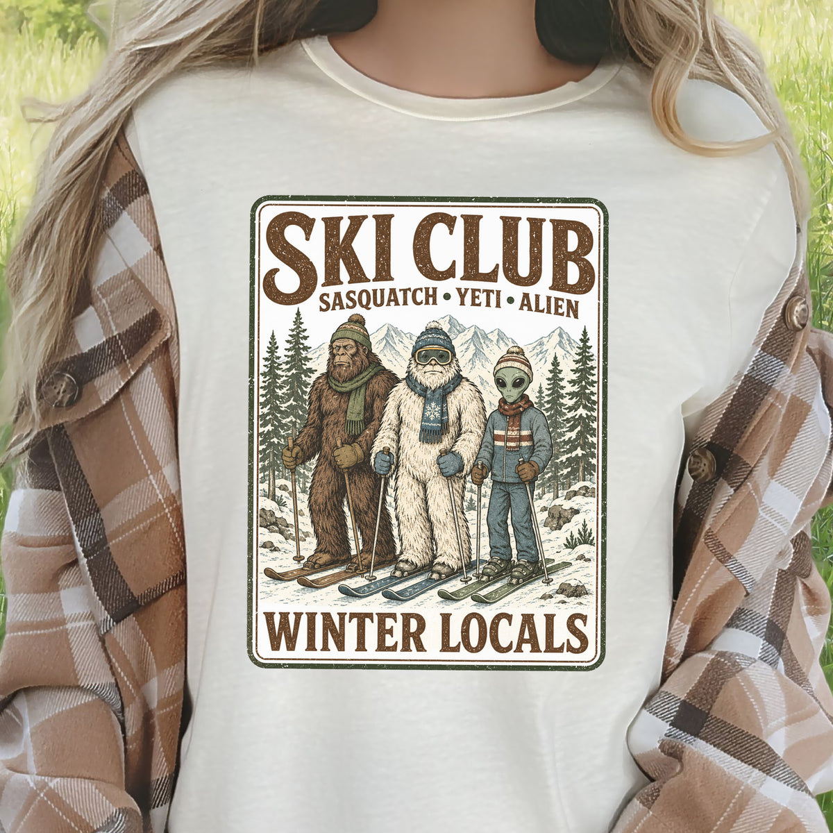 Ski Club Winter Locals T-Shirt – Sasquatch Yeti Alien Ski Tee