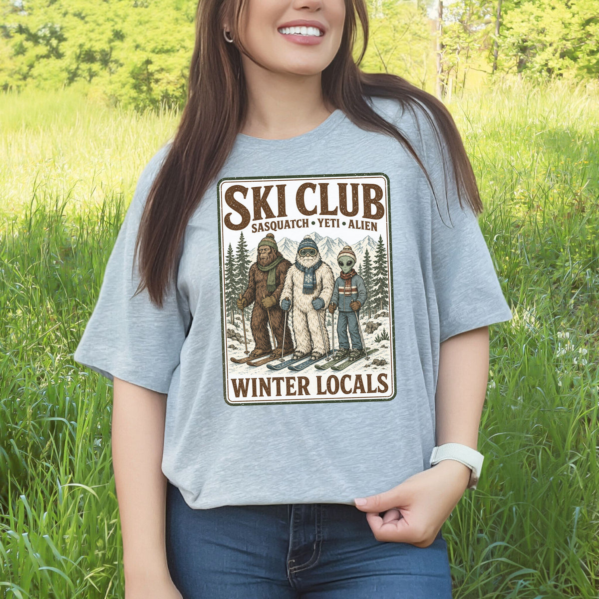 Ski Club Winter Locals T-Shirt – Sasquatch Yeti Alien Ski Tee