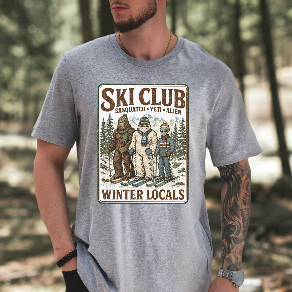 Ski Club Winter Locals T-Shirt – Sasquatch Yeti Alien Ski Tee