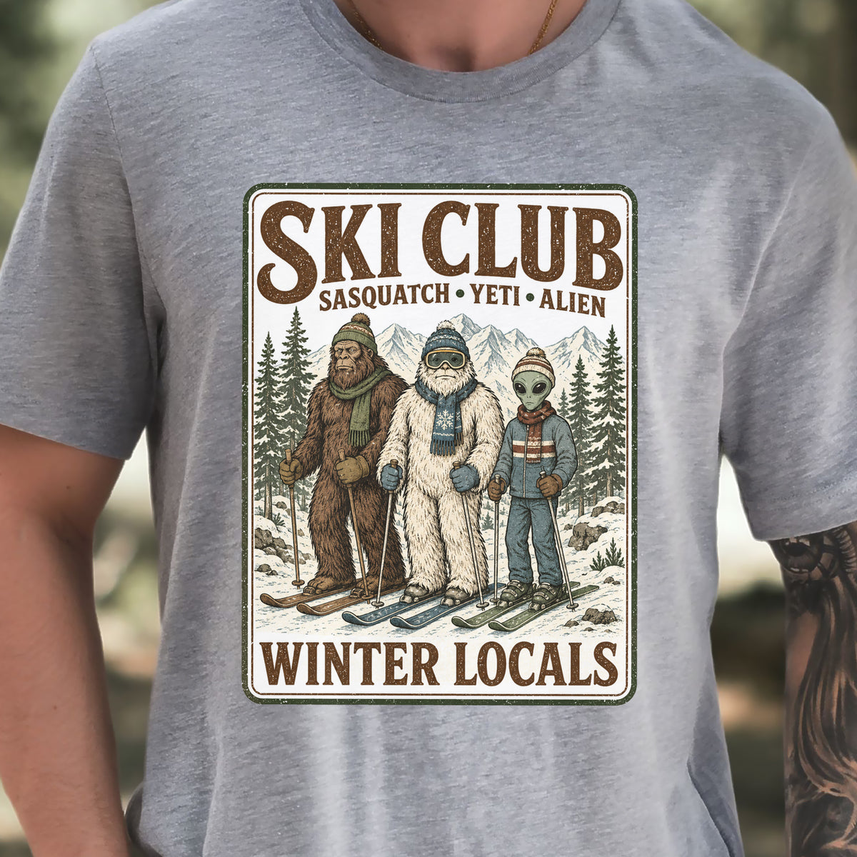 Ski Club Winter Locals T-Shirt – Sasquatch Yeti Alien Ski Tee