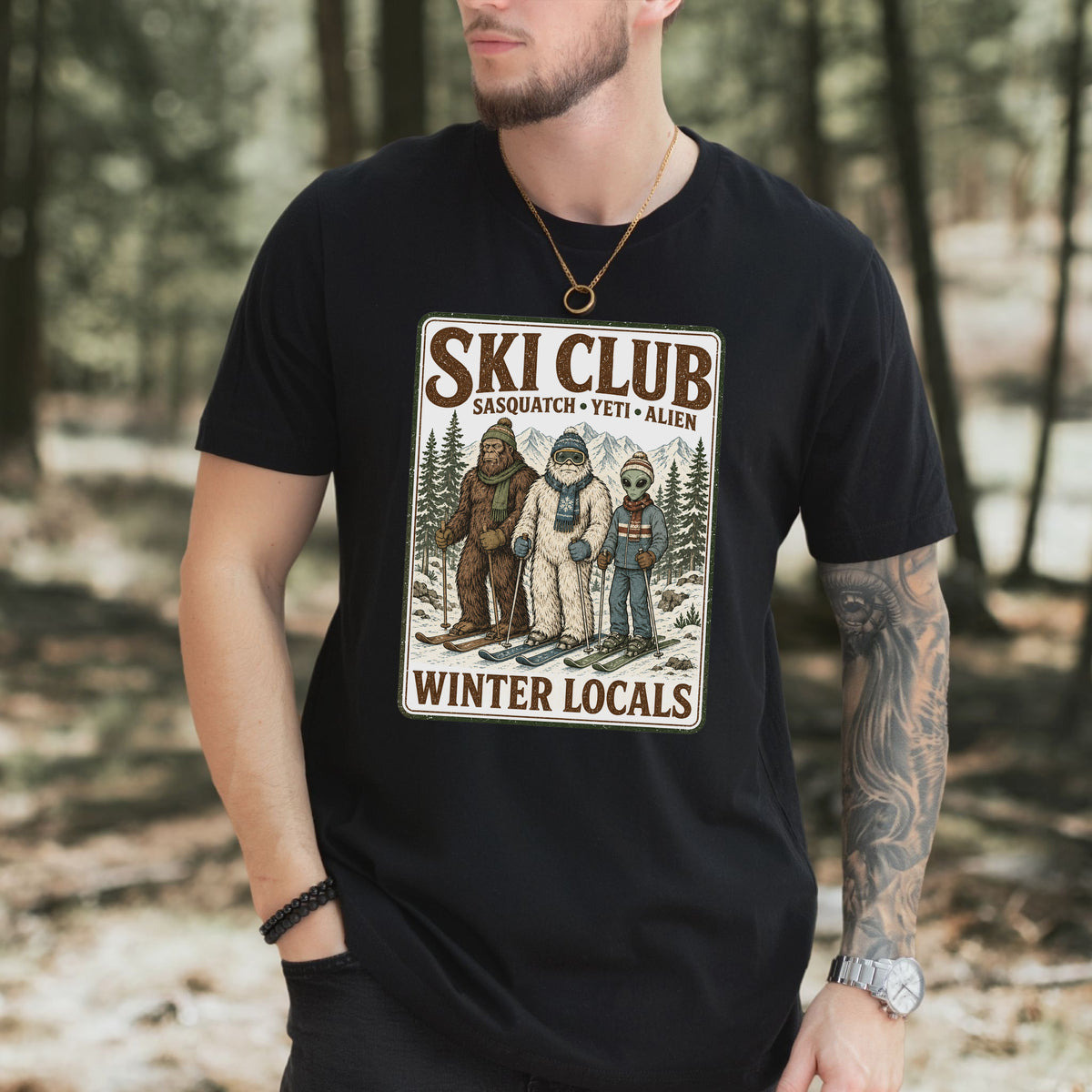 Ski Club Winter Locals T-Shirt – Sasquatch Yeti Alien Ski Tee