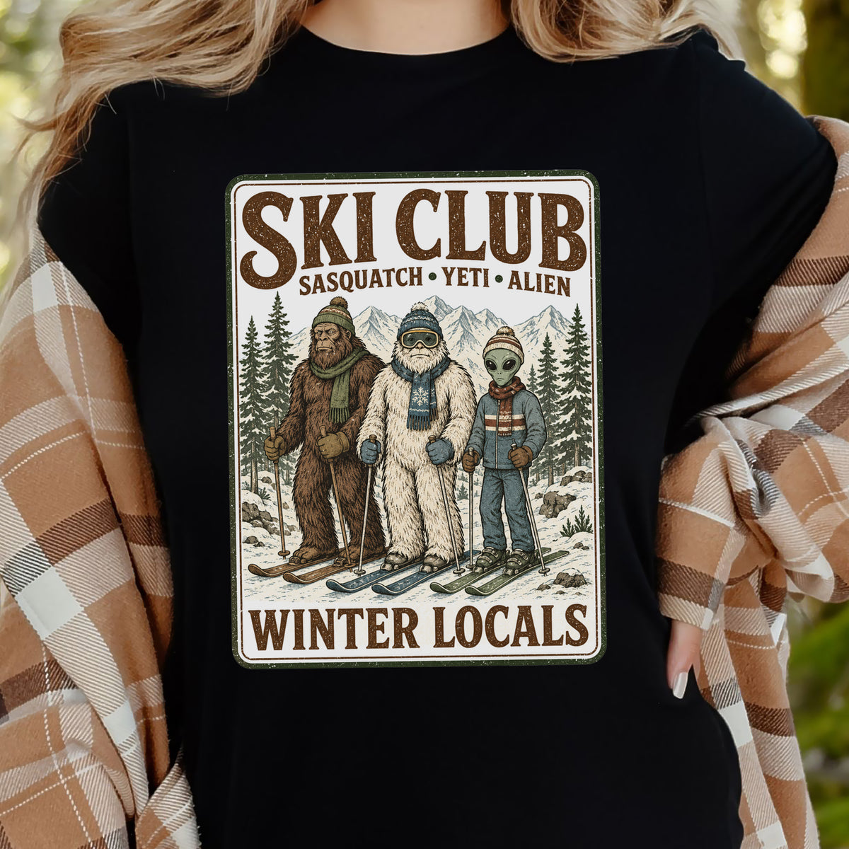 Ski Club Winter Locals T-Shirt – Sasquatch Yeti Alien Ski Tee