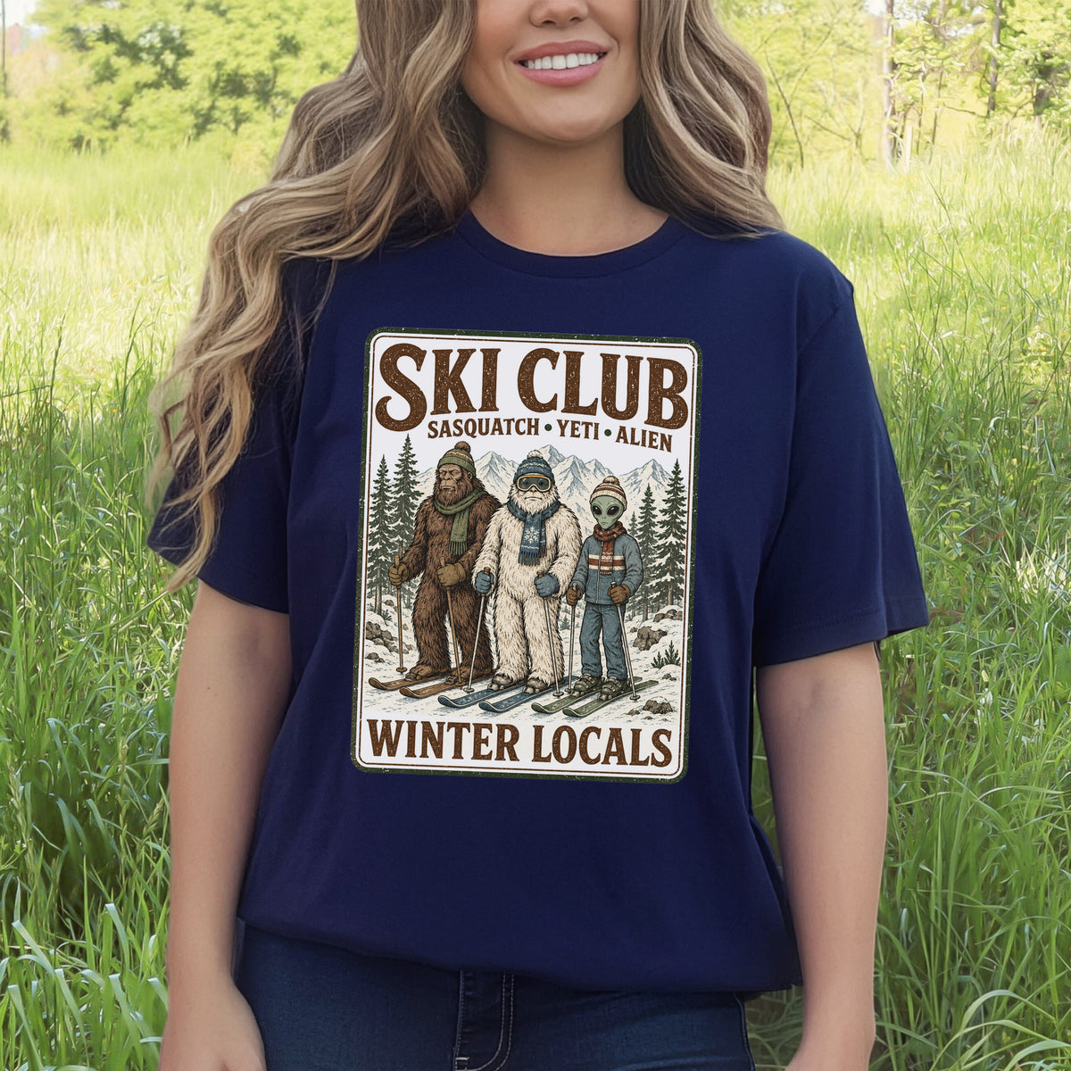 Ski Club Winter Locals T-Shirt – Sasquatch Yeti Alien Ski Tee