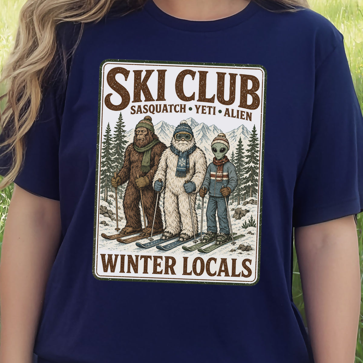 Ski Club Winter Locals T-Shirt – Sasquatch Yeti Alien Ski Tee