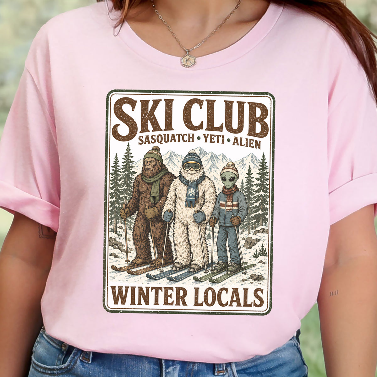 Ski Club Winter Locals T-Shirt – Sasquatch Yeti Alien Ski Tee