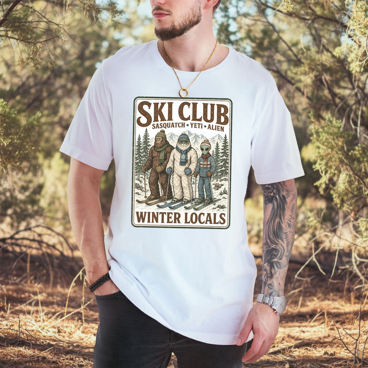 Ski Club Winter Locals T-Shirt – Sasquatch Yeti Alien Ski Tee