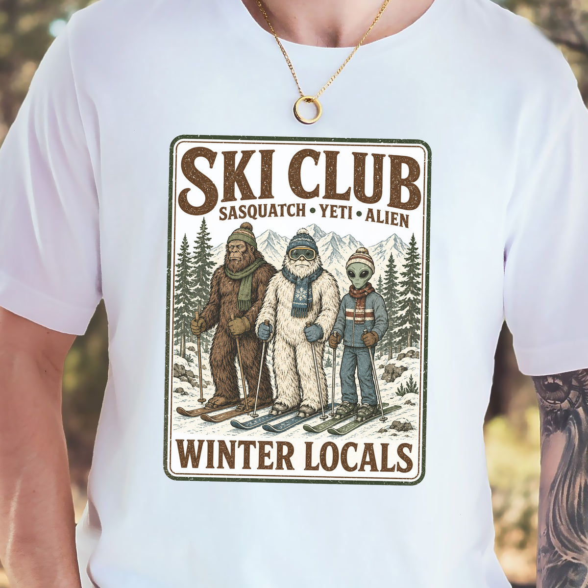 Ski Club Winter Locals T-Shirt – Sasquatch Yeti Alien Ski Tee