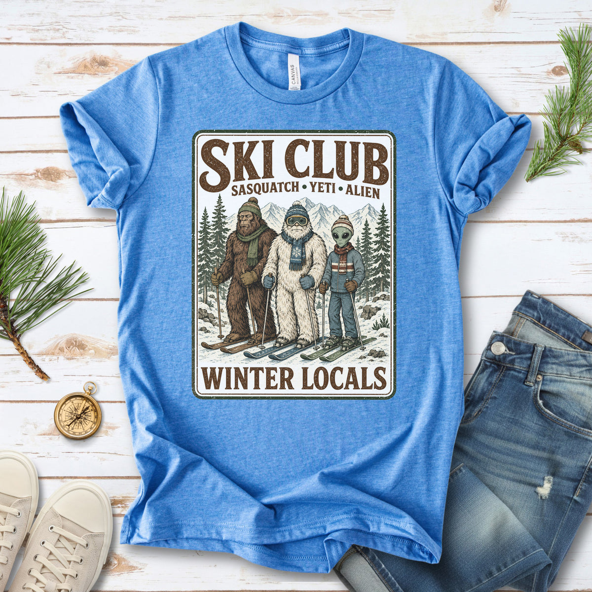 Ski Club Winter Locals T-Shirt – Sasquatch Yeti Alien Ski Tee