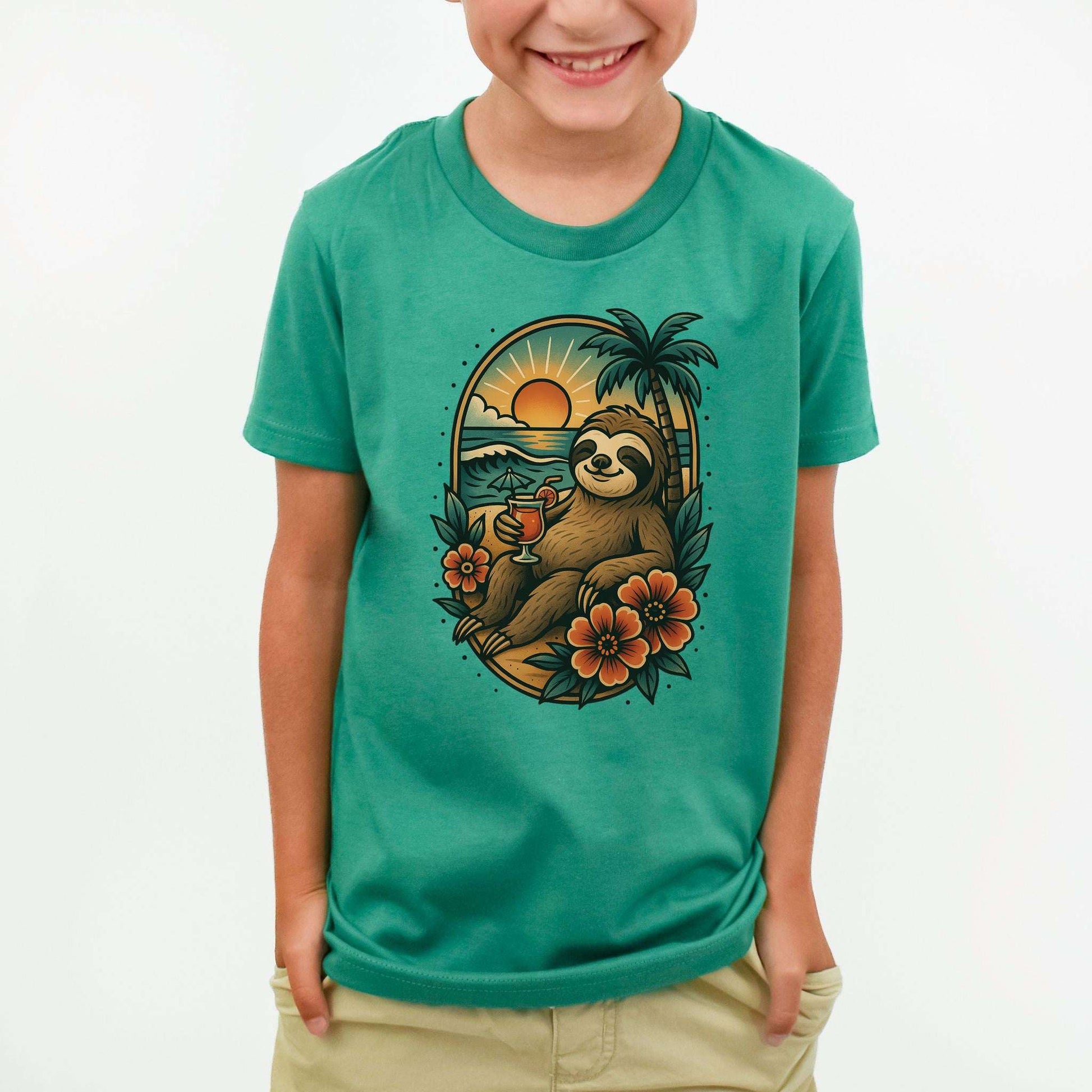 Sloth Beach Vibes – Tropical Chill Mode Youth Tee