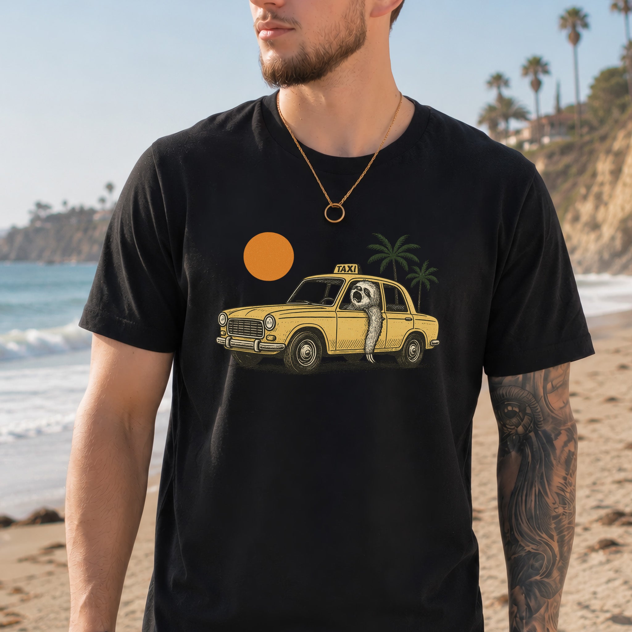 Sloth Taxi Driver T-Shirt – Funny Sloth Lover Shirt with Sunset & Palms