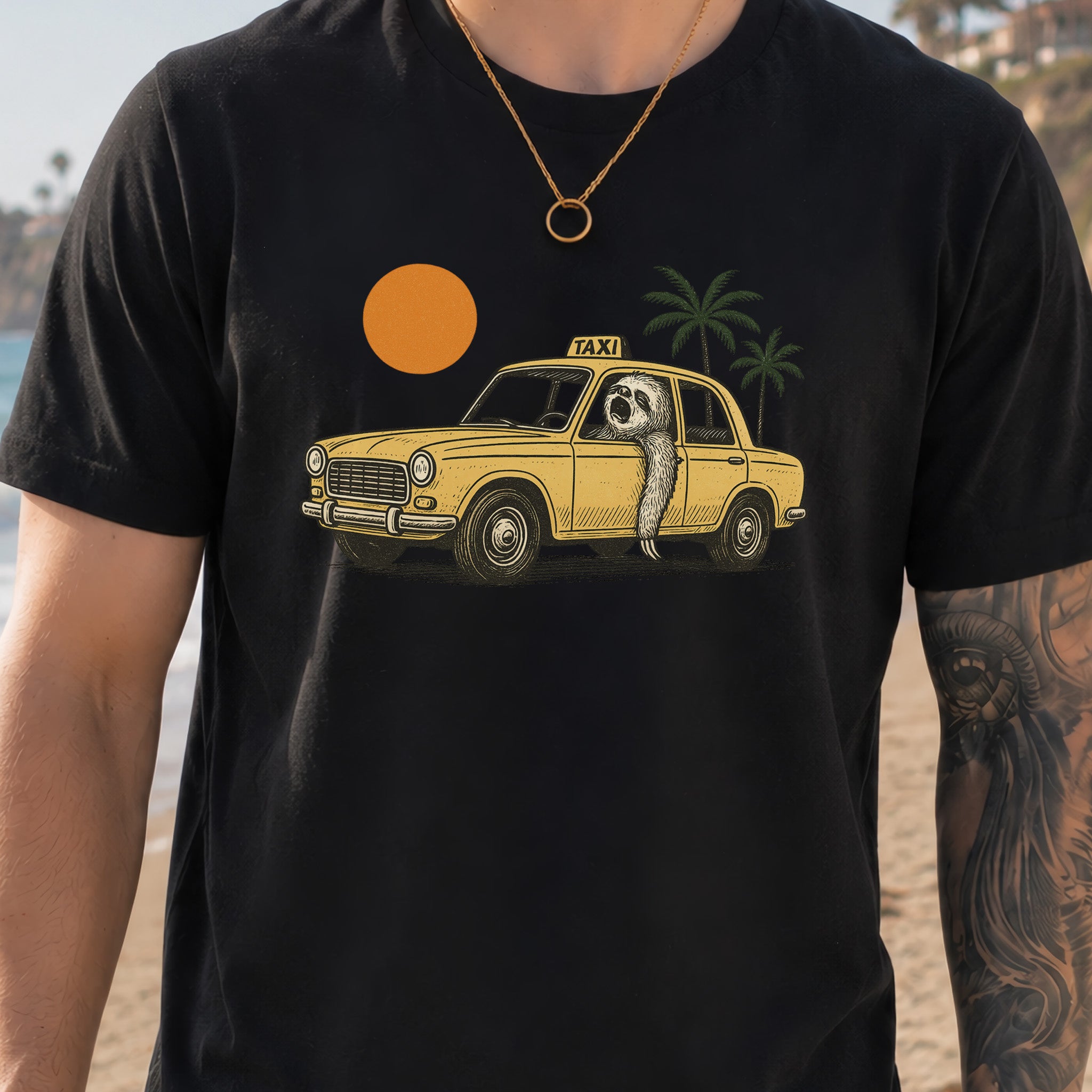 Sloth Taxi Driver T-Shirt – Funny Sloth Lover Shirt with Sunset & Palms