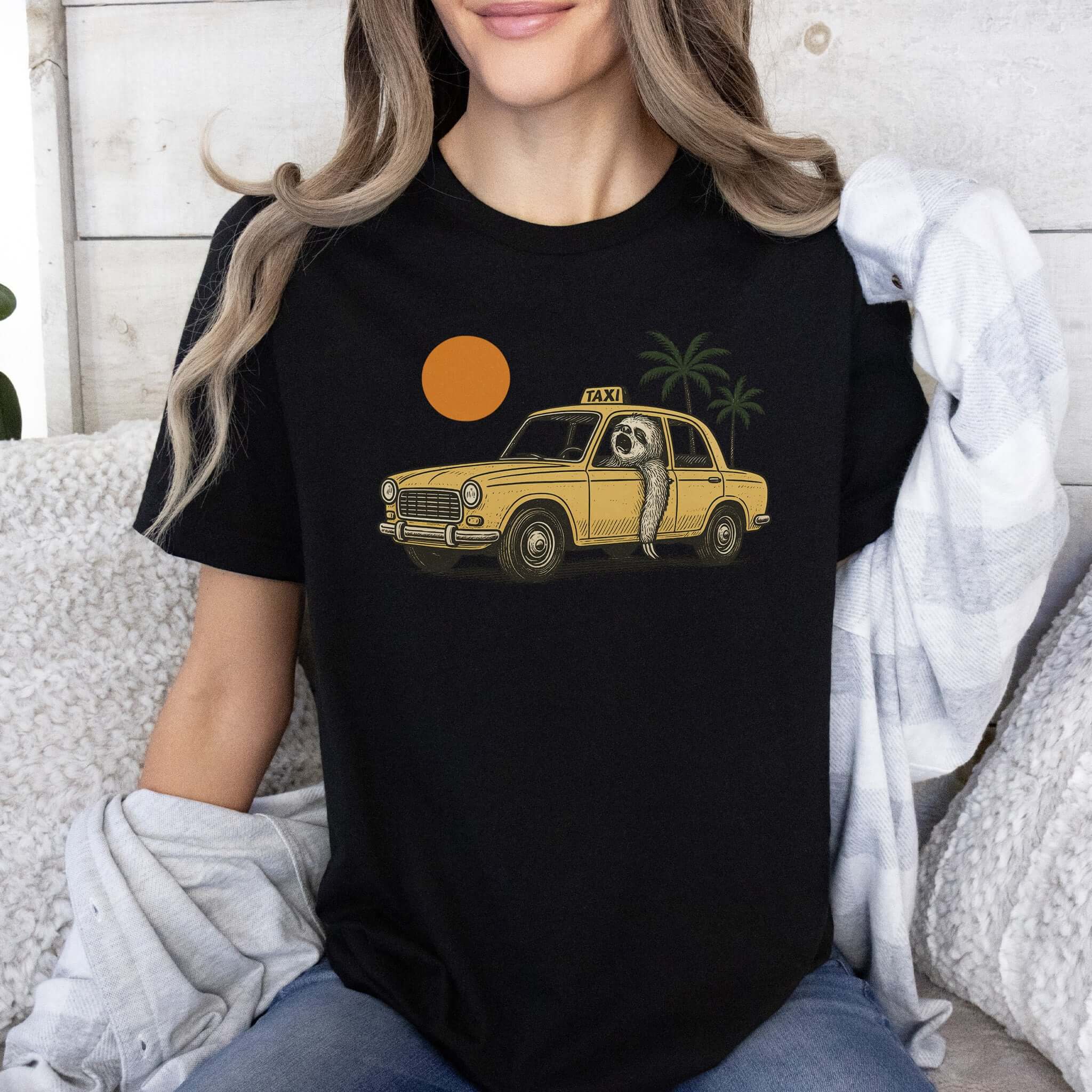 Sloth Taxi Driver T-Shirt – Funny Sloth Lover Shirt with Sunset & Palms