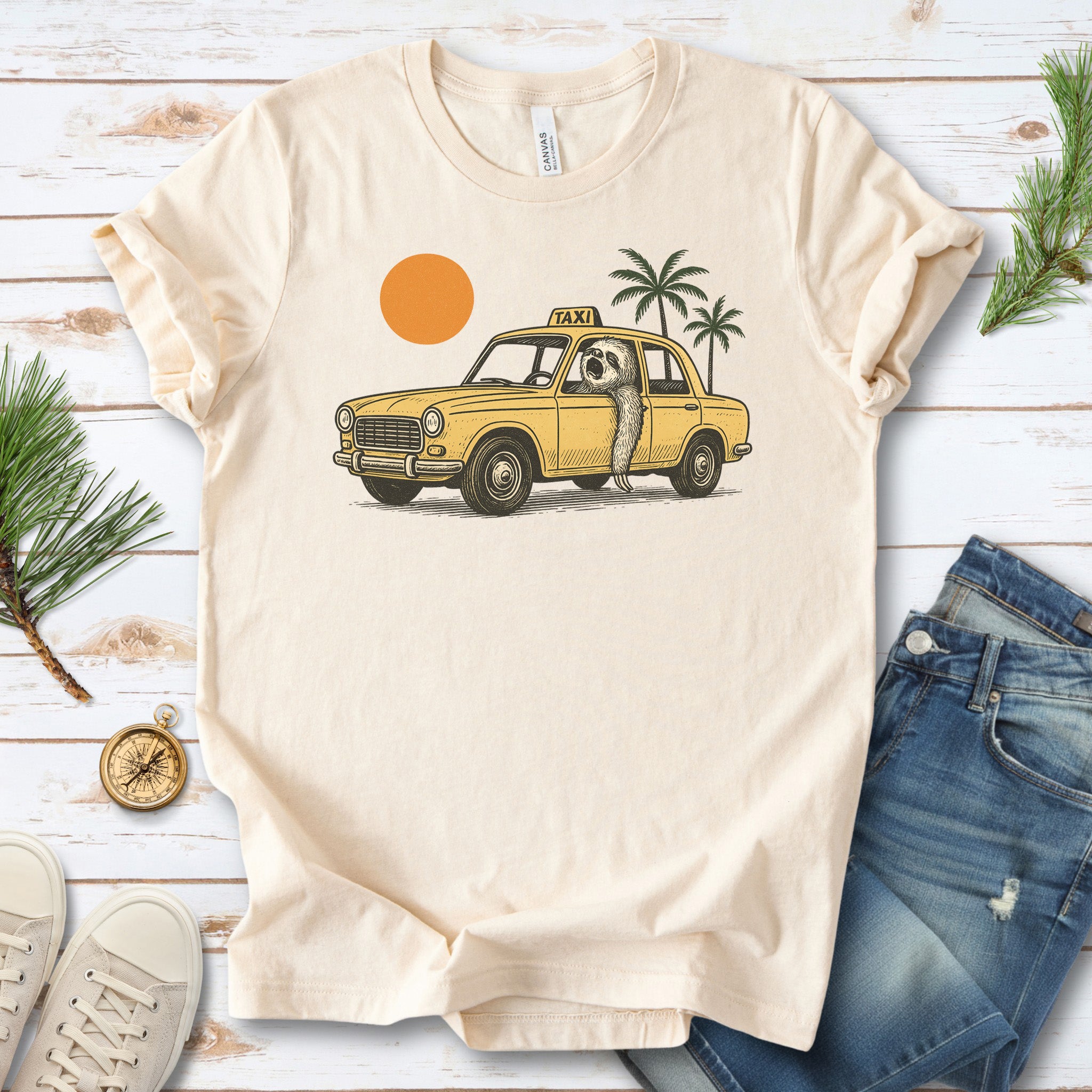 Sloth Taxi Driver T-Shirt – Funny Sloth Lover Shirt with Sunset & Palms