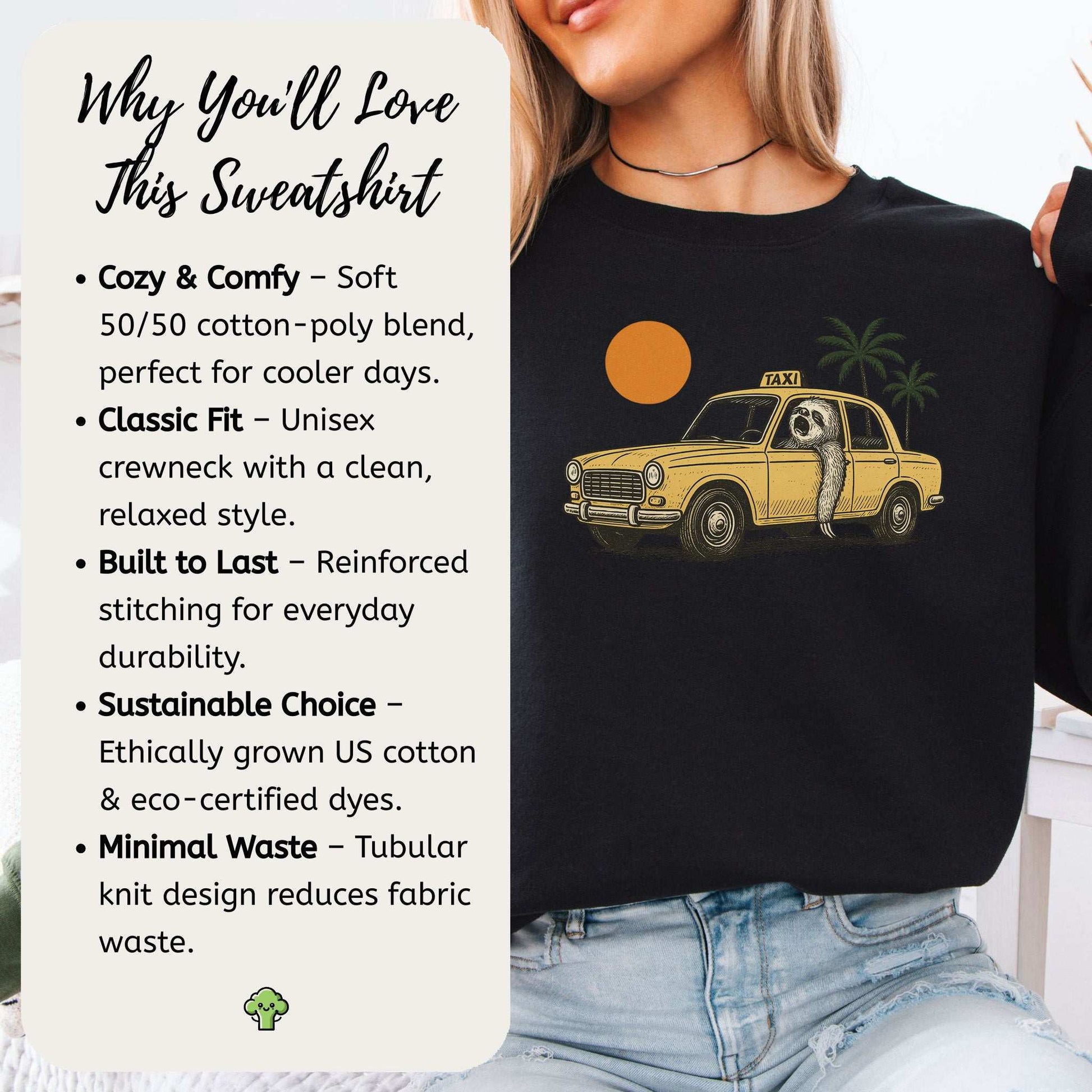 Sloth Taxi Driver Sweatshirt – Funny Tropical Ride with Sunset & Palms