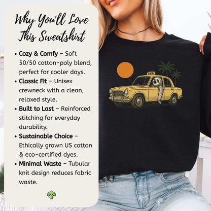 Sloth Taxi Driver Sweatshirt – Funny Tropical Ride with Sunset & Palms